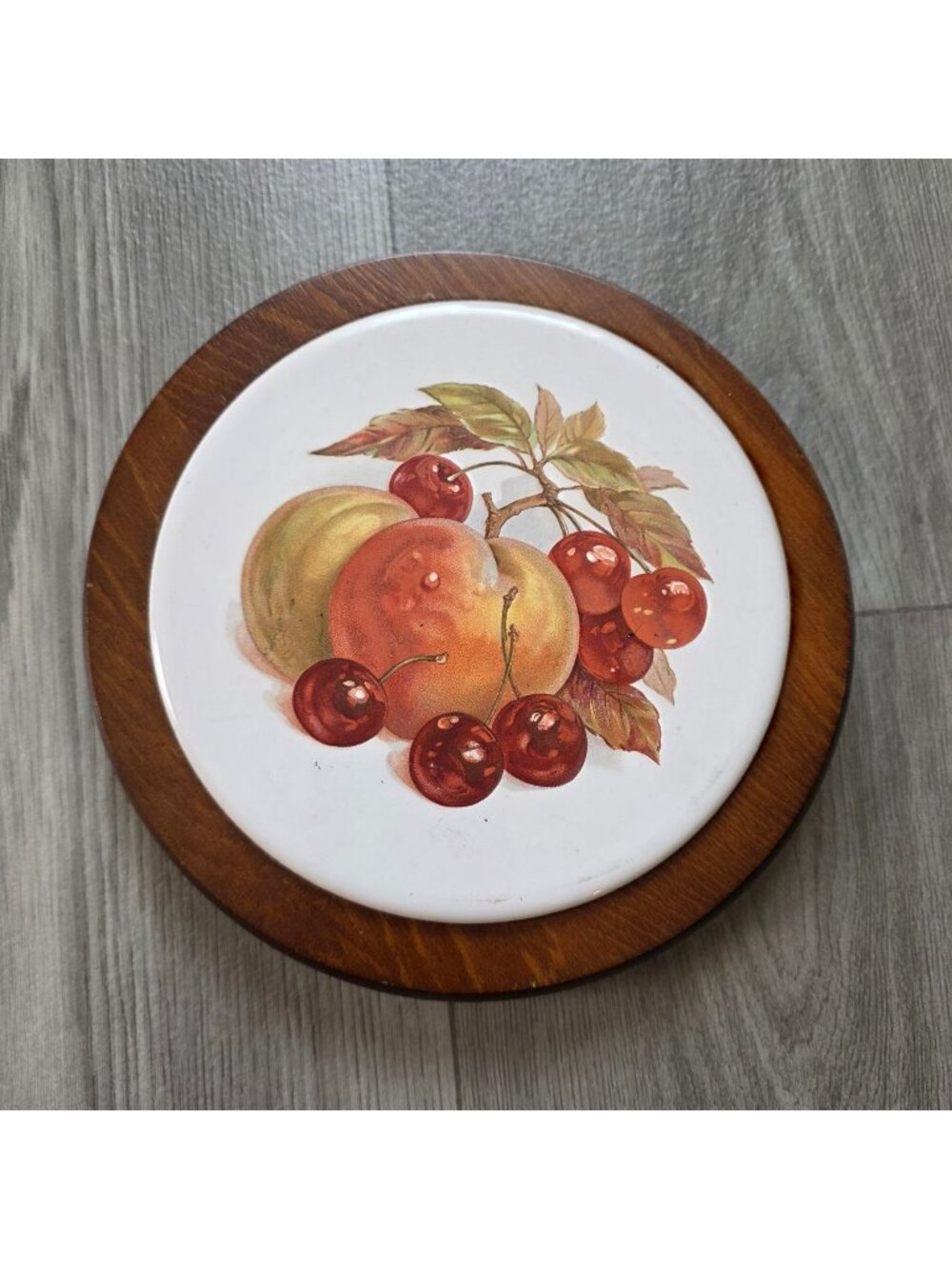 Vintage Fruit-Themed Ceramic & Wood Trivet 7" Round